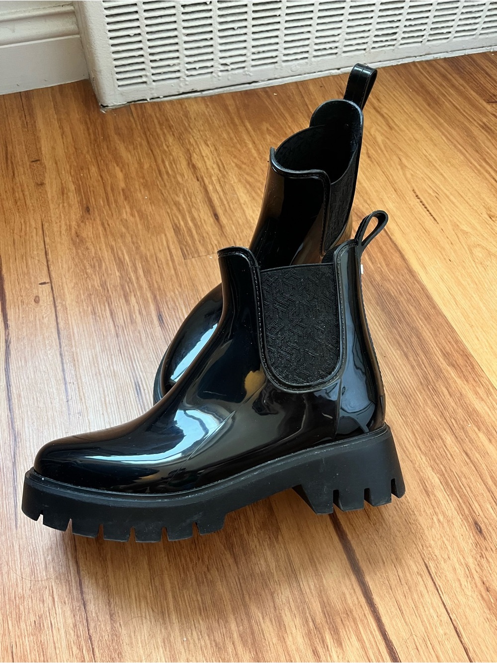 Black Patent Leather Chelsea Lug Rain Boots